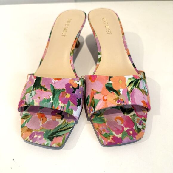 Nine West Kitten Heels Luvlie Slide Slip On Sandal Pink Floral Square Toe 9M - Picture 2 of 10